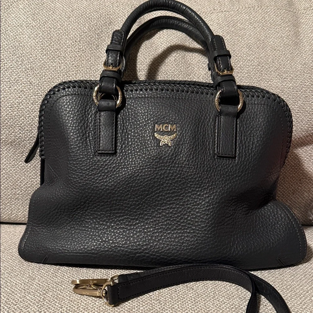 MCM Navy Leather Satchel with Silver Accents